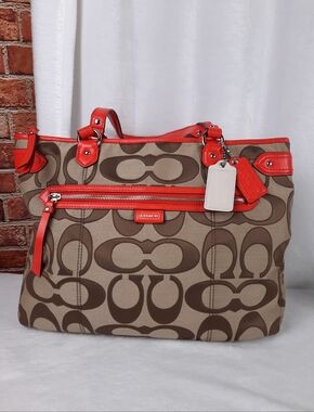 Coach Brown Signature Tote Bag Orange Trim